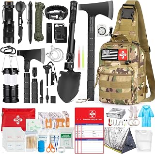 Survival Kit, 262Pcs Survival Gear and Supplies with First Aid Kit Pouch and Crossbody Bag, Emergency Kit with Tent, Camping Axe Hammer, Survival Shovel w/Pick, Bug Out Bag Gifts for Men Women